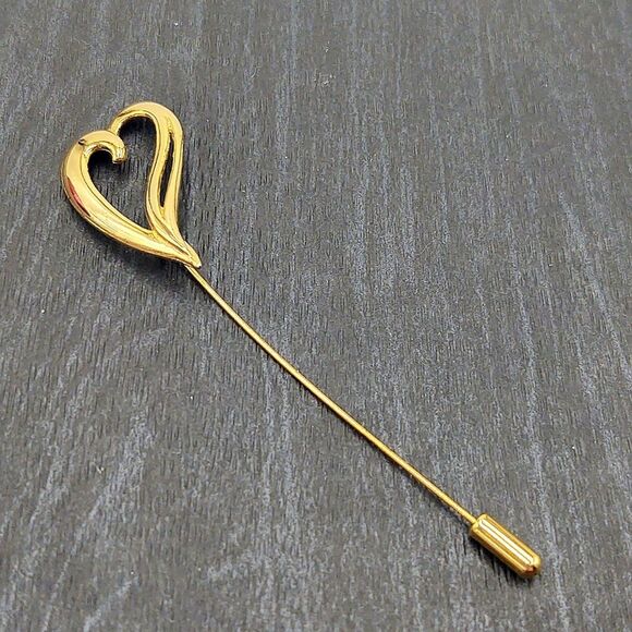 4" Floating Heart Gold Stick Pin Brooch - Picture 2 of 7